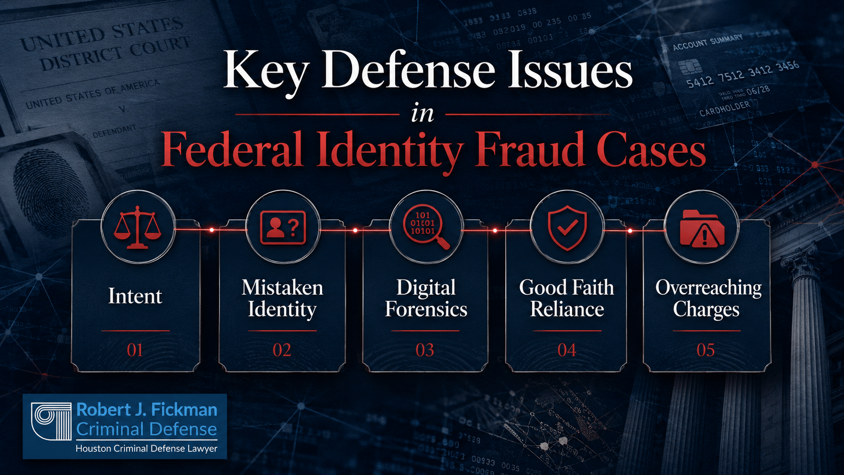 Key defense issues in federal identity fraud cases including intent, mistaken identity, digital forensics, good faith reliance, and overreaching charges