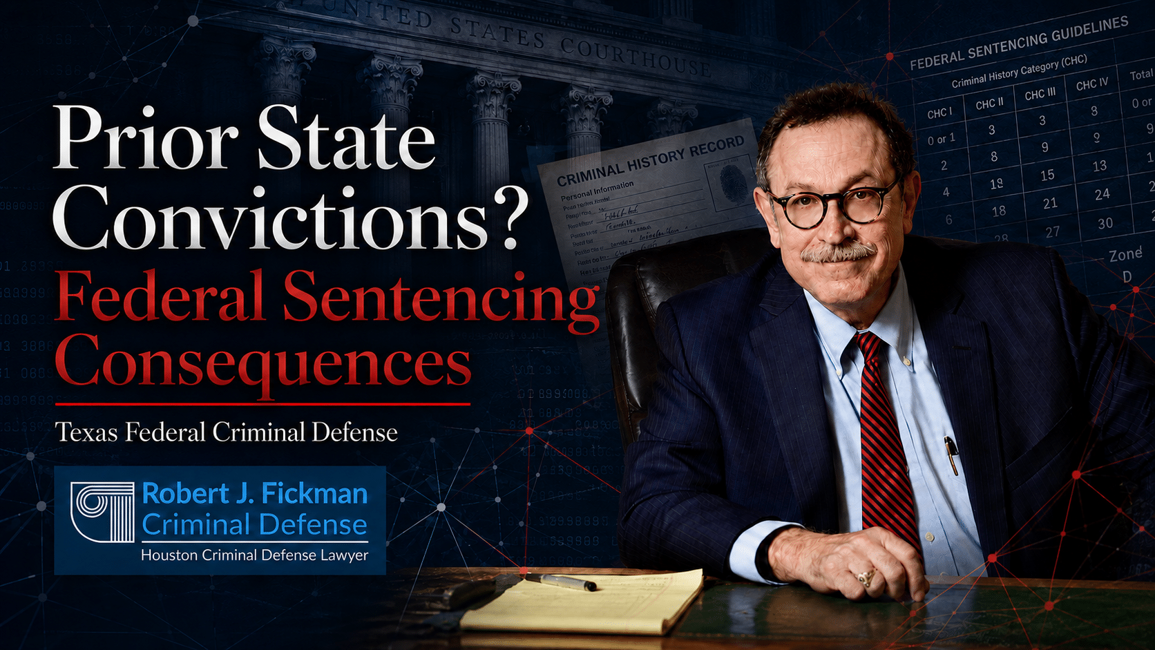 Houston federal criminal defense attorney Robert Fickman standing in his office with federal sentencing guideline background