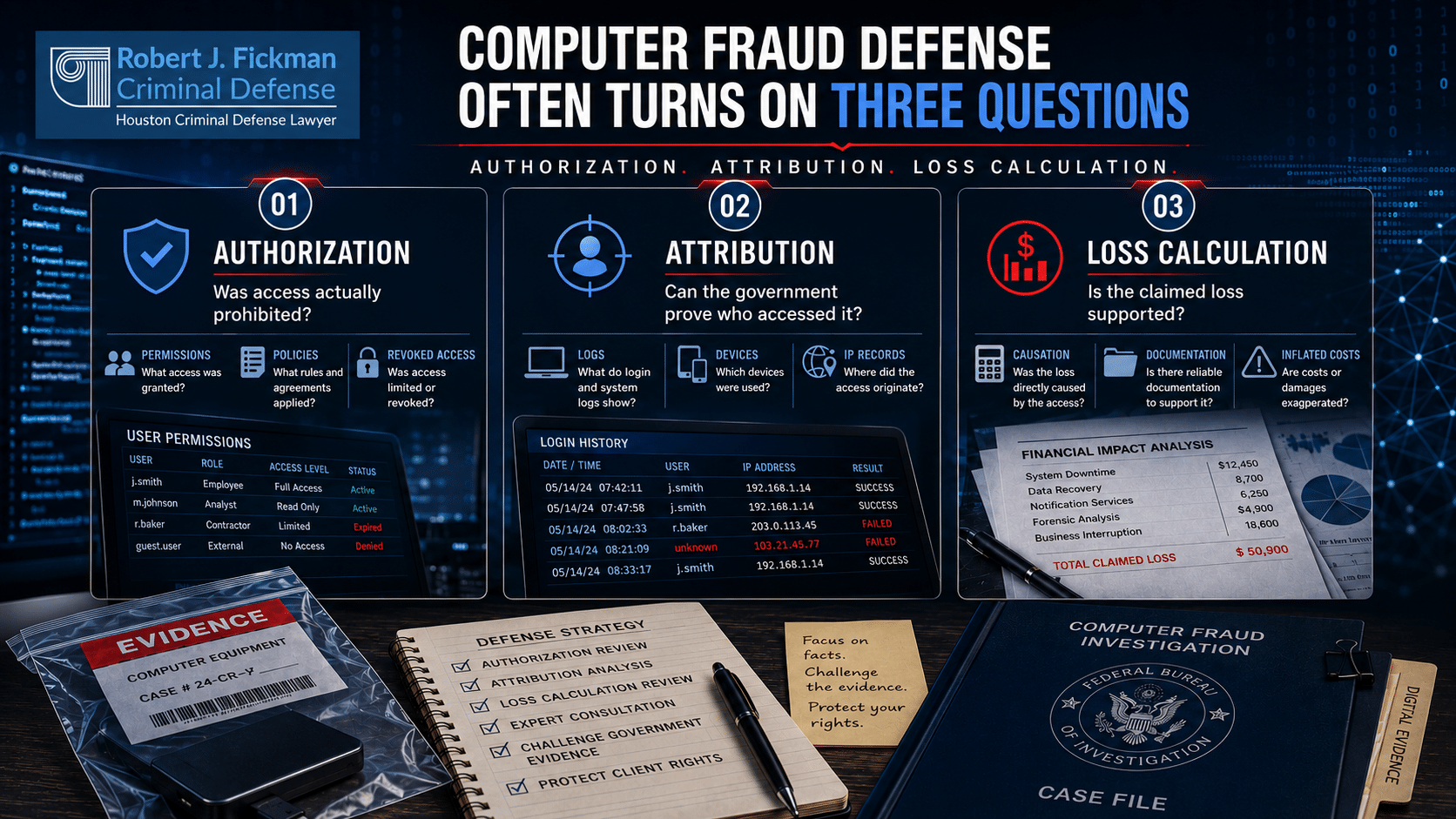 Infographic on key defense issues in federal computer fraud cases including authorization attribution and loss calculation