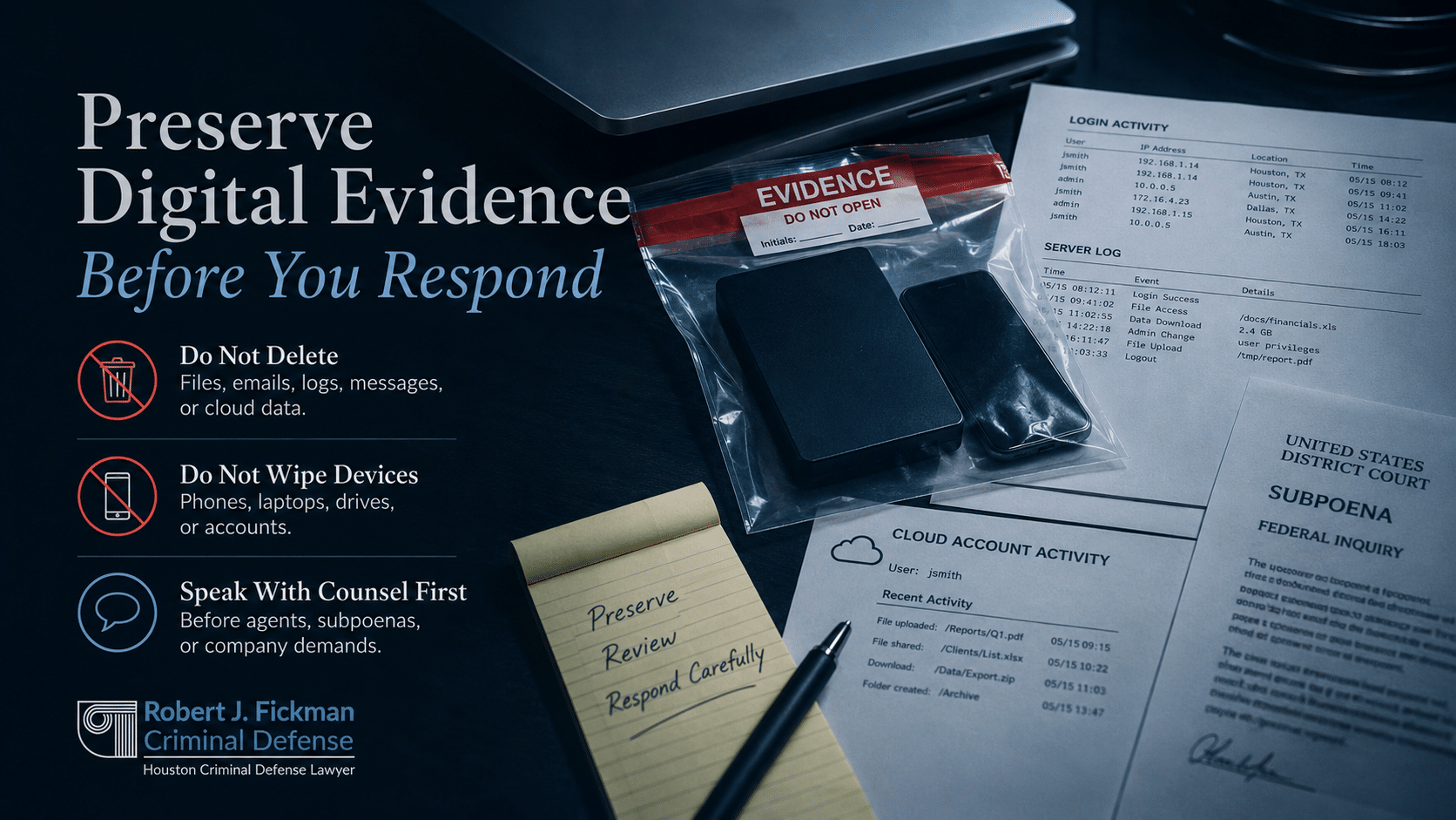 Digital evidence preservation graphic with phone laptop server logs cloud records and federal subpoena