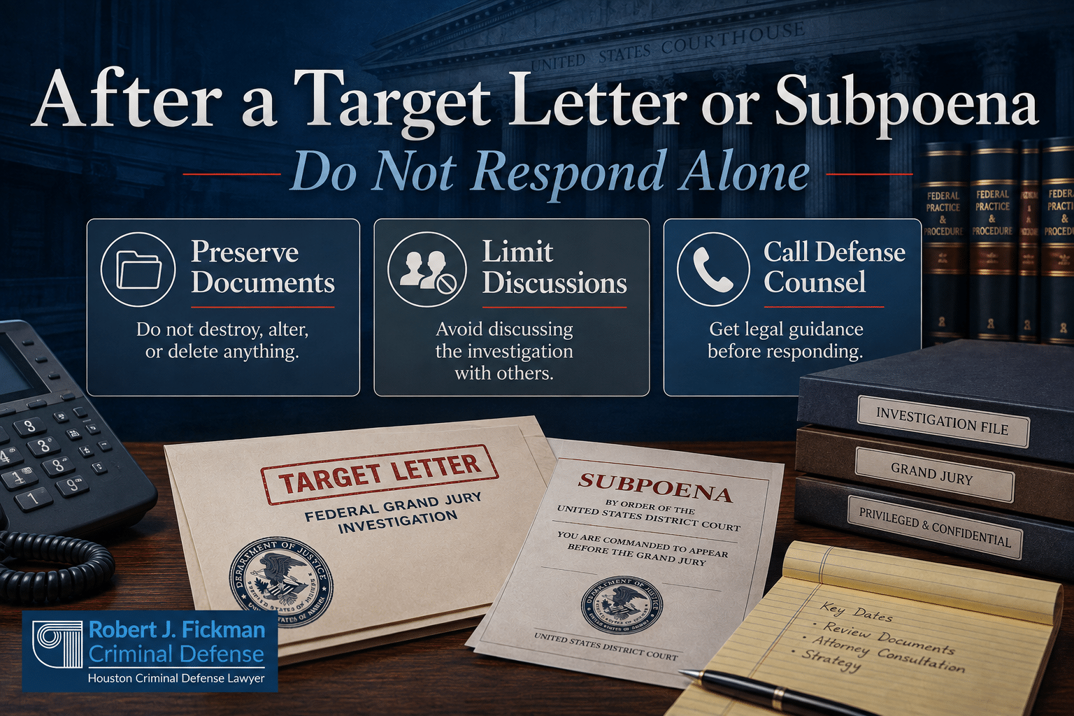 Graphic about what to do after receiving a federal target letter or grand jury subpoena in Texas