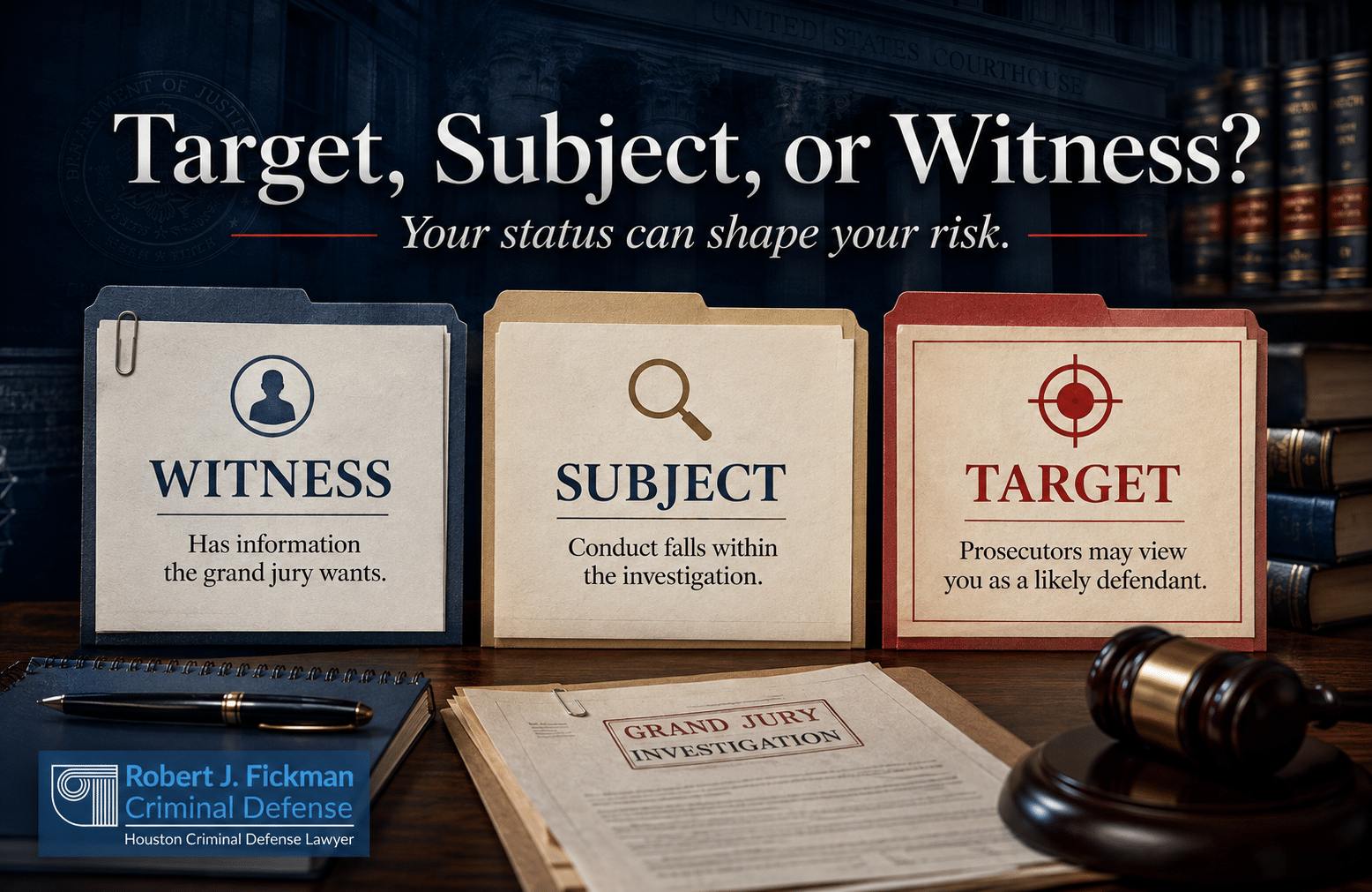 Federal grand jury investigation graphic explaining witness, subject, and target status